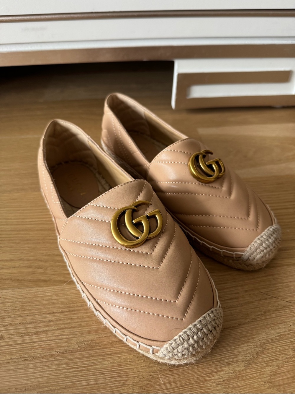 Gucci Tan Quilted Leather Espadrille Flats with Gold Double-G